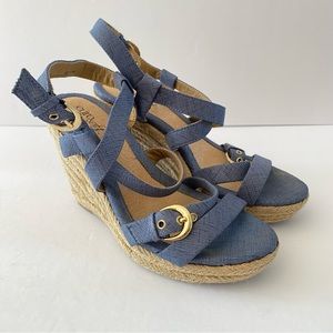 Sofft Blue Espadrille Wedge Sandals with Gold Buckle